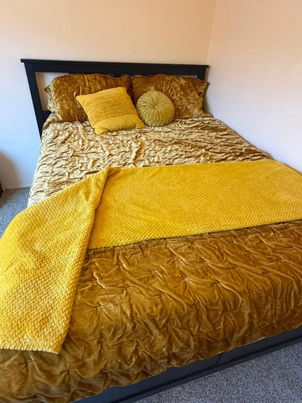 West Elm Golden Velvet Quilt and shams set, matching yellow cushions and throw